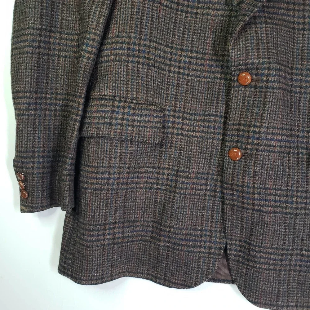 Savile Row Houndstooth Plaid Wool‎ Sport Coat Men's 42L Brown Blue Black